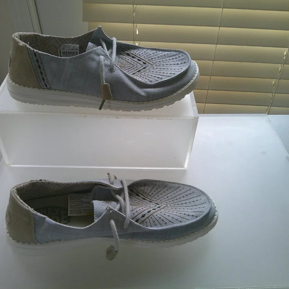 HEY  DUDE Wally Gray Chambray Slip On Shoes Mens 11 Lightweight Comfort Summer